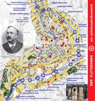 Kartenausschnitt von Erfurt, darin eingezeichnet der Verlauf des Flutgrabens und seiner einzelnen Bauwerke