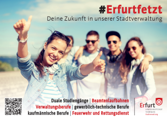 Bild: Ausbildung bei der Stadtverwaltung Erfurt 2022 © Stadtverwaltung Erfurt / lev dolgachov/123rf fünf Jugendliche und Text: #Erfurtfetzt, Deine Zukunft in unserer Stadtverwaltung